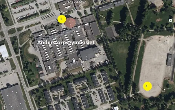Kartbild över uppsamlingsytor vid studentfirandet på Anderstorpsskolan