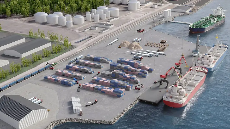 Det nya hamnområdet. En visionsbild över logistikytor, ny kaj och lastning.