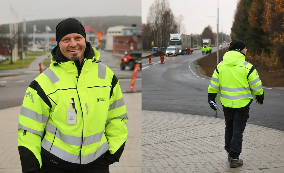 Per Henriksson vid rondellen, ler mot kameran och går mot vägen.