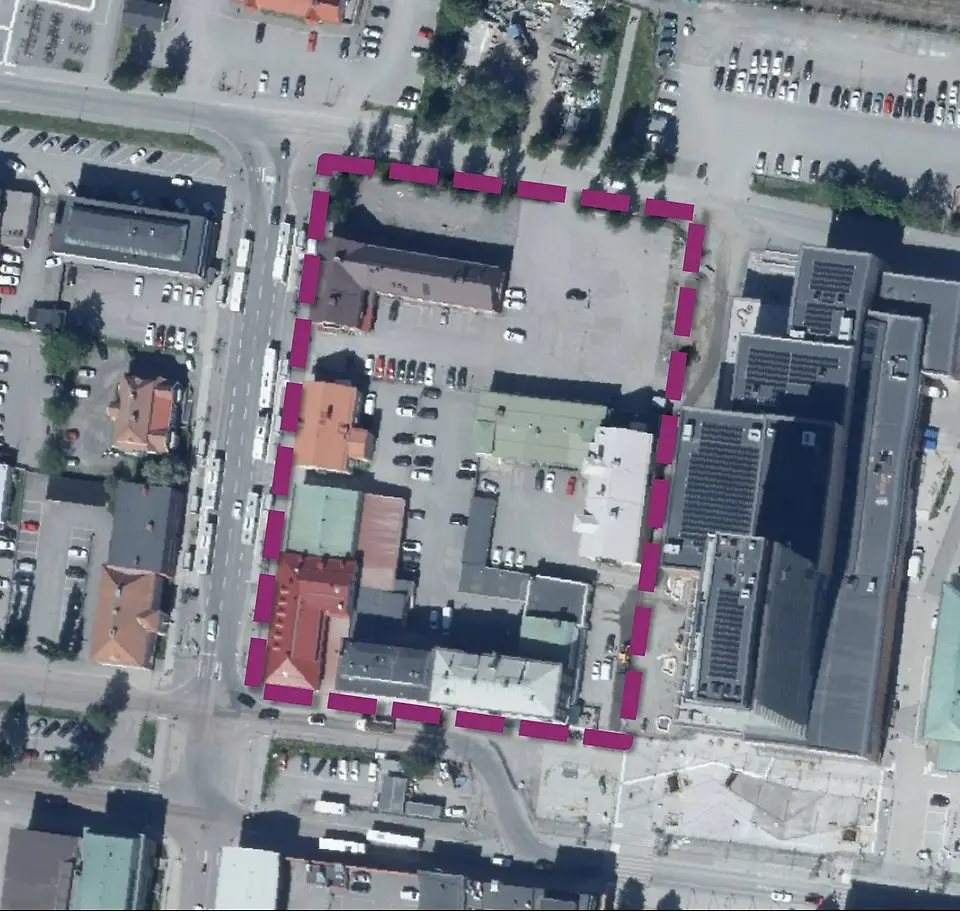 Flygbild över kvarteret Orion i centrala Skellefteå.